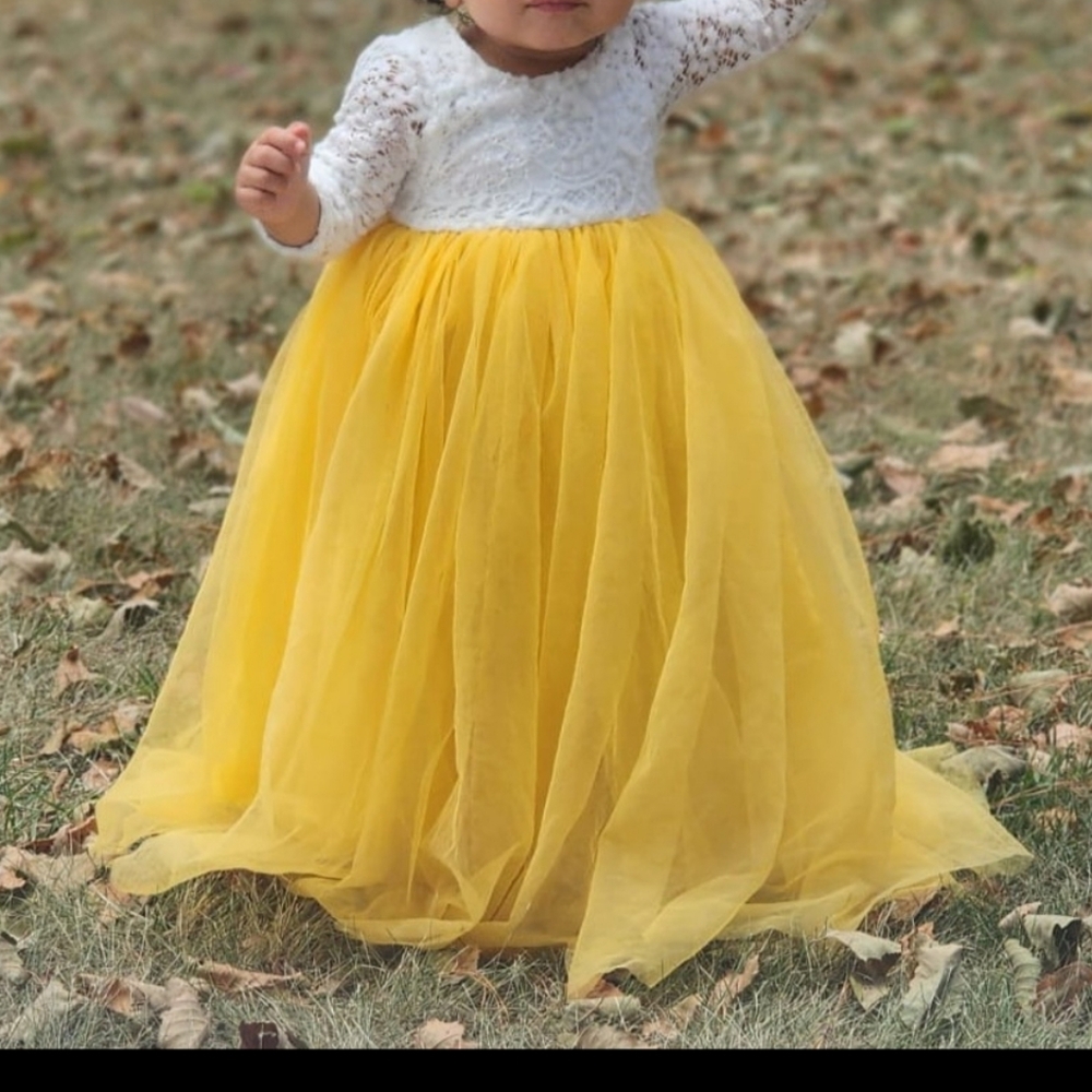White Lace Top Yellow Tulle Baby Dress